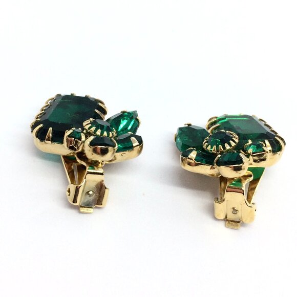 VINTAGE EMERALD Rhinestone Brooch Earring Set Green Glass Prong Clip on MCM - Picture 9 of 16